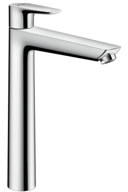 Einhebel-Waschtischmischer von Hansgrohe in Chrom, geeignet für Aufsatzwaschtische, mit integrierter Zugstangen-Ablaufgarnitur, schlichte, moderne Formgebung.